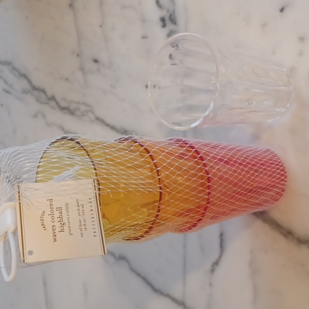 Pottery Barn, 4 colored, 18 fl oz highball glasses